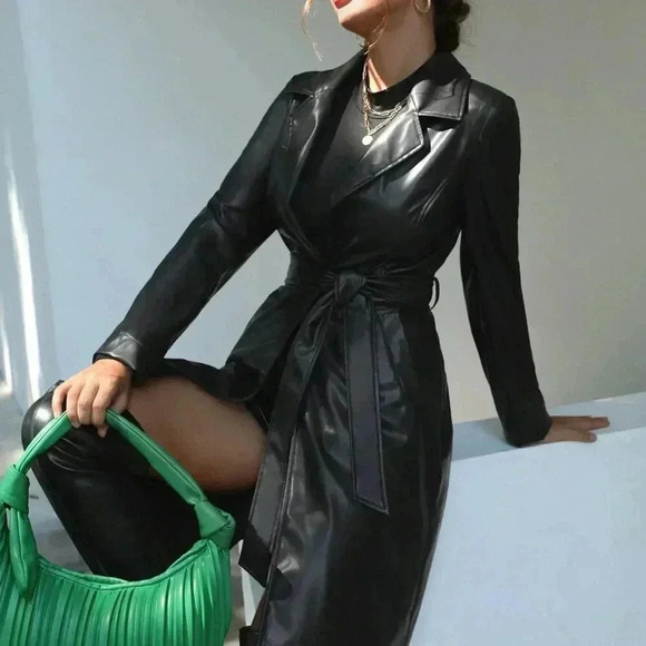 Black Party Women's Lapel Collar Belted Faux Leather Trench Coat - Picture 4 of 6